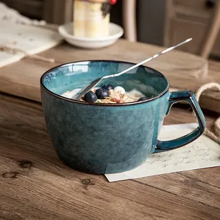 Kaffeetasse Groß Tasse, 700ml Große Suppenschüssel mit Griff, Müslischalen mit Henkel Kaffeebecher, XXL Kaffeetasse Gross Keramik Teetasse (Blau 650ml)