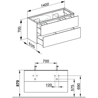 Keuco EDITION 11 Waschtischunterschrank für Einbau-Doppelwaschtische, 2 Frontauszüge, 1400x700x535mm, 31264110000, Korpus/Front: Anthrazit Lack Seidenmatt / Anthrazit Glas