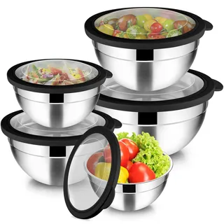 Joyfair Rührschüssel 5er Set, Edelstahl Schüssel mit Transparenter Luftdichtem Deckel, 4,5L/ 2,7L/ 1,5L/ 1,2L/ 0,7L, Stapelbar Salatschüssel zum Servieren/Kochen/Backen, Spülmaschinenfest - Schwarz