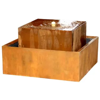 Seyila Home Gartenbrunnen Cortenstahl Wasserbrunnen Rost, Wasserfall, Design Brunnen, Handmade, 68 cm Breite, L 68 B 68 H 46 cm