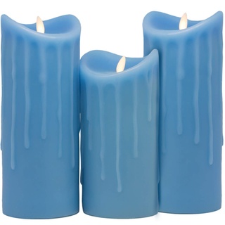 Tronje LED Echtwachskerzen 3er Set mit Timer - 23/18/23 cm Kerzen Blau Wachstropfen mit beweglicher Flamme