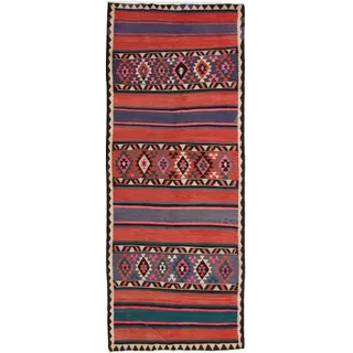 Nain Trading Orientteppich Perser Kelim Fars Azerbaijan Antik 399x155 Handgewebt Orientteppich, Läufer, Höhe: 0.4 mm blau|braun