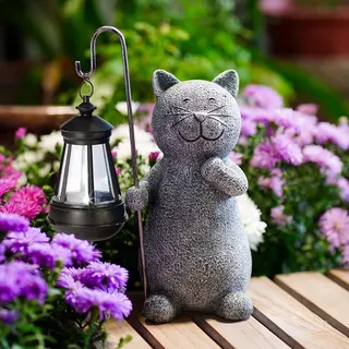 LED Gartenleuchten, Solar Laterne, Solarlampe, Katze Gartenfiguren, Katze Deko Gartenstatuen, Gartendeko, Wasserdicht - Grau