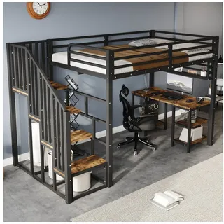 REDOM Kinderbett aus Eisen mit Treppen, Handläufen, Schreibtisch und Aufbewahrungsregal (Eisenbett, Hochbett, 120x200 cm), ohne Matratze schwarz