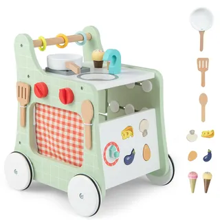 COSTWAY 6 in 1 Lauflernwagen aus Holz, Lauflernhilfe mit Spielküche, Lernuhr, Formanpassung & beweglichem Schieber, Kinderküche Baby Walker mit Rädern für Kinder ab 1 Jahr (Grün)