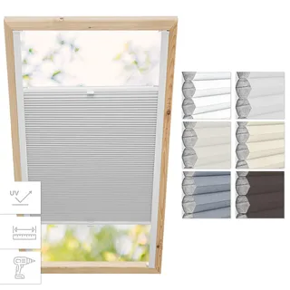 Estika Dachfenster-Wabenplissee mit Bohren für Fakro-Fenster – Modell 78/140 – Stofffarbe Hellgrau-Weiß – Dachfensterrollo, Innenrollo, Fensterplissee