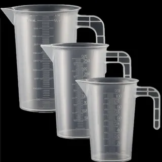 3 Stück Messbecher Kunststoff Set Mit Griff & Gramm Skala 100ml+250ml+500ml, Hitzebeständig Präzisions Messbecher für Waschmittel, Küche, Labor, die Autopflege feine Skala Lebensmittelecht Transparent
