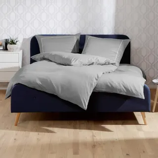 Lorena Uni Mako-Satin Bettwäsche Classic Zierstich 155x220 cm + 80x80 cm | silber - grau
