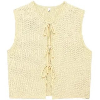 LIUYUYOUGO Damen Strickweste Damen Weste Zum Binden Vorne Ärmellos V Ausschnitt Strickjacke Y2K Häkel Strick Crop Top Einfarbig Lässig Lockerer Pullover Tanktops Streetwear Gelb M - M