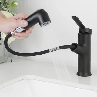 Wasserhahn Bad Schwarz, SEMANEY Waschtischarmatur mit Herausziehbarer Brause, Mischbatterie Waschbecken 2 Wasserstrahlarten, Hochdruck Einhebelmischer Waschbecken Armaturen