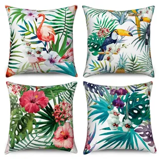 Hnmdmyi Kissenbezug Tropisch 40x40 4er Set, Grüne Palmenblätter Bunte Blumen Flamingo Vogel Muster Dekorative Kissenbezüge Leinen Kissenhülle für Sofa Couch Bett Garten Outdoor Home Decor