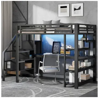 STILVORA Hochbett 140x200 mit Matratze und Schreibtisch Jugendbett mit offenem Schrank (Metall-Hochbett- mit Treppe & Schreibtisch Schwarz, 1-St., 140x200cm)