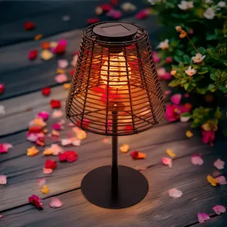 Spetebo Solar Tischleuchte in Rattan Optik schwarz mit LED Glühbirne - 33 x 20 cm - Gartenlampe warm weiß - Tischlampe Dekoleuchte Solarleuchte Gartenlicht Garten Deko Beleuchtung Balkon Terrasse