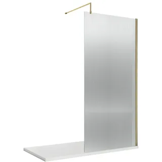 Walk-In Dusche mit geriffeltem Glas in gebürstetem Messing, mit Duschwanne in Weiß, 140cm x 70cm - Hudson Reed