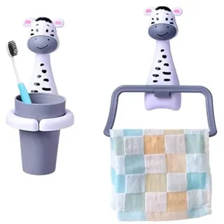 Jauhmui Zahnputzbecher Handtuchhalter Set für Kinder, Cartoon Tiere Zahnbürstenhalter, Zahnbürstenhalter ohne Bohren,Reinigungsmittel Für Babys (Zebra)