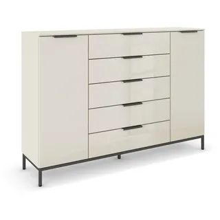 Rauch Möbel Flipp, Kommode, Farbe Glas Beige, Breite 160 cm | Sideboard, 2-türig, 5 Schubladen, Glasfront, Soft-Close, Griffe, Metallkufe Graphit für Schlafzimmer, Gästezimmer, Wohnzimmer