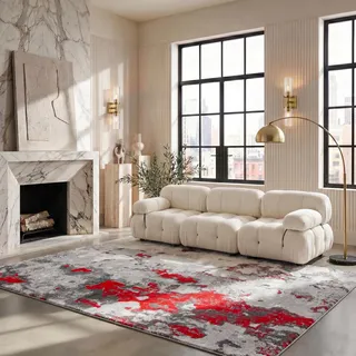 SAFAVIEH Abstrakt Teppich für Wohnzimmer, Esszimmer, Schlafzimmer - Adirondack Collection, Kurzer Flor, Rot und Grau, 183 X 274 cm