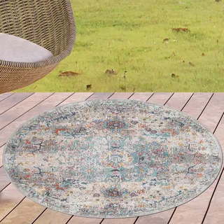 CARPETIA In- & Outdoor Teppich Rund Vintage Türkis Rost Sand Ø 120 cm