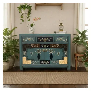 OPIUM OUTLET Kommode Asia Schrank Sideboard orientalisch chinesisch (Hochzeitsschrank fernöstlich, komplett montiert, blau, Möbel asiatisch, Vintage-Stil), Kommode Anrichte Büffet blau