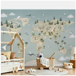 Bilderdepot24 Kindertapete Tieratlas Blau Kinderzimmer Weltkarte Tiere Atlas, Glatt, Matt, (Vliestapete inkl. Kleister oder selbstklebend), geruchsfreie Tapete Kinderzimmer blau 4.32 m x 2.9 m