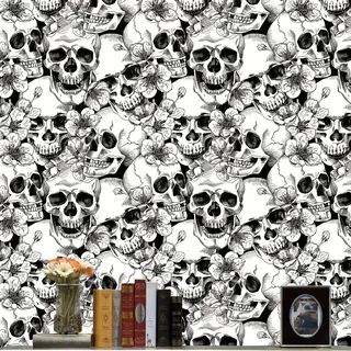Selbstklebende Tapete Skull, 44.5 x 1000 cm Klebefolie Gothic Skull Tapete Schwarze und Weiße Totenköpfe und Blumen Tapeten Klebetapete Möbelfolie Selbstklebend für Badezimmer Wohnzimmer Schlafzimmer