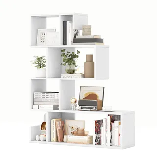 FANTASK 4 Ebenen Bücherregal, Stufenregal Holz, Raumteiler Regal mit 8 offenen Fächern, Treppenregal für Wohnzimmer, Schlafzimmer, Büro, 80 x 22 x 100 cm (Weiß)