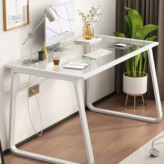 SDCGB Moderner Schreibtisch für das Heimbüro, Klare Gehärtetem Glas Schreibtisch mit Metallrahmen Studenten Schreibtisch Kleiner Computertisch(120x70x72.5cm, White)