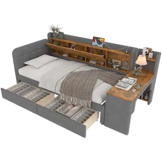 Stauraumbett mit Schreibtisch, 90x200 cm, Lattenrost, Regal, Schubladen, USB und Type-C Anschluss, Einzelbett, Polsterbett, Leinen - Grau