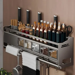 Giural 59cm,Gewürzregal Wand mit Küchenrollenhalter und Haken und Gewürzbox, Küchenregal Ohne Bohren aus Metall, Spice Rack, Gewürz Organizer Hängend für Küchen und Bad Organizer