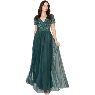 Maya Deluxe Damen Ballkleid Abendkleid V-ausschnitt Maxi Länge Pailletten Kurze Ärmel Für Hochzeit Geburtstag Brautjungfer Bridesmaid Dress, Emerald Green, 48 EU - 48
