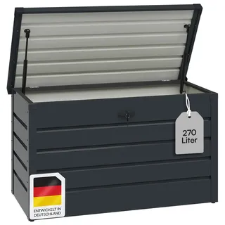STEELSØN Dorado Gartenbox aus verzinktem Metall 270 Liter – Outdoor Box wasserdicht Anthrazit – Auflagenbox abschließbar mit klappbarem Deckel – Aufbewahrungsbox Garten/Balkon/Terrasse 100x62x63 cm