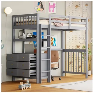 STILVORA Hochbett 90×200 Bettgestell mit Stauraum und Regale,Jugendbett ohne Matratze (vertikaler Leiter, Schubladen, Regalen und hohem Zaun, Gästebett Jugendbett 90x200 cm) ohne Matratze