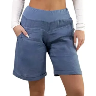 Mississhop 276 Damen Leinenshorts Bermuda – Kurze Sommerhose aus 100% Leinen, luftig, elegant, mit Knöpfen Jeansblau L - 38