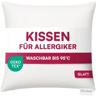 Clinotest Glattes Allergiker Kissen 35x40 cm, Polyester Kopfkissen klein, waschbar 95°C, Hotelqualität, kleines Kissen Oeko-Tex 100, weich, flaches Kopfkissen, für Kinder & Erwachsene, 120g Füllung