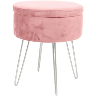 Harbour Housewares 1x Rosa/Silber H45 x D36cm Runden Samt-Fußhocker mit Stauraum - Wohnzimmer Schminktisch Fußbank Ottomane Sitzpuff Stuhl Sitz