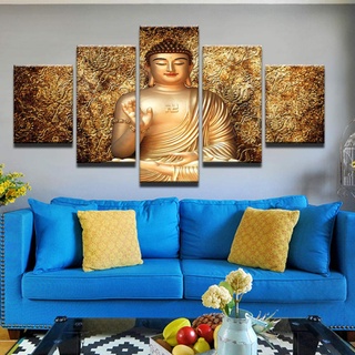 DRNXP Leinwand Wandkunst Poster HD Gedruckt Moderne Bilder Rahmen 5 Stücke Goldene Buddha Statue Malerei Für Wohnzimmer Wohnkultur @ with_Frame_40X60_40X80_40X100cm