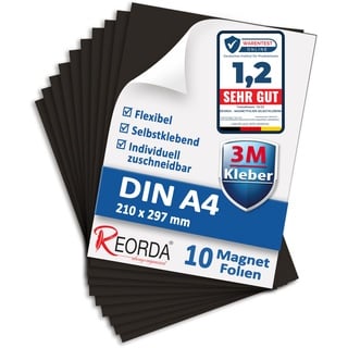 Reorda Magnetfolie DIN A4 selbstklebend 10er Set - Magnetpapier mit starkem 3M-Kleber - Magnetplatte zuschneidbar für Kühlschrank, Tafeln & Poster - Magnetische Folie selbstklebend für's Basteln