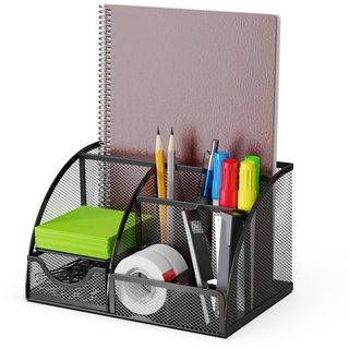 Detectalia Schreibtisch Organizer und Stifthalter mit Schublade und 6 Fächern aus Metallgeflecht, Schwarz, 7 Fächern