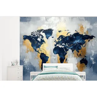 MuchoWow Fototapete Weltkarte - Blau - Abstrakt, Matt, bedruckt, Montagefertig Vinyl Tapete, Wandtapete, 375x300 cm blau 3.75 m x 3 m