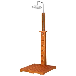 CASARIA® Gartendusche FSC®-zertifiziertes Eukalyptusholz 224cm Seifenablage mit Bodenplatte Großer Duschkopf Gartenschlauch Anschluss Holz Garte... - Braun