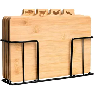 4 Schneidebretter Homesmart, Bambus auf Ständer, Holz für Gemüse, Fleisch, Fisch und Geflügel, Metall-Organizer für Bretter, Multifunktionales