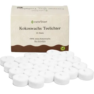 Kerzenmanufaktur x Crafted 4 Planet Reine Kokoswachs Teelichter (24 Stück) - Nachhaltige Weiße Öko Teelichter Ohne Hülle