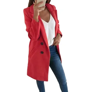 shownicer Damen Blazer Winter Mantel Elegant Warm Wintermantel Steppmantel Knopf Klassische Vintage Zweireihig Revers Schlack Slim Fit Trenchcoat mit Taschen Rot L - L