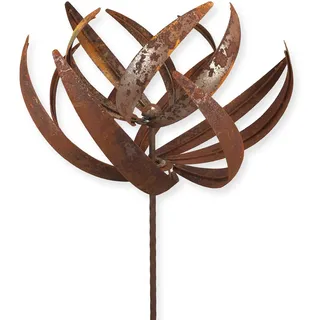 Metall Windrad 'Lotus' - massives Windspiel Windmühle für den Garten - wetterfest und standfest - mit besten Kugellagern - aus Vollmetall mit Edelrost-Patina – Höhe 221 cm