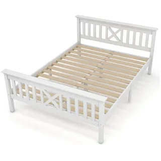 Rutaqian Holzbett Einzelbett / Doppelbett Massivholz 140 x 200 cm(Matratze nicht dabei) (Holzbett mit Kopfteil und Lattenrost), Landhausstil Bettgestell, Kinderbett Jugendbett weiß