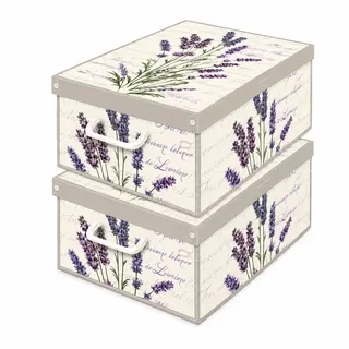 Set aus 2 Aufbewahrungsboxen mit Deckel – Große Kleiderboxen aus Karton 32x42x17,5 cm – Robust, leicht zu montieren, mit Tragegriffen – Perfekt für Kleiderschrank & Saisonwechsel Lavendel