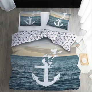 WQIZXCW Bettwäsche 155x200 2er Set, Anker Wendebettwäsche - 110gsm Weiche Microfaser, Maritim Meer Bettbezug mit Reißverschluss und 1 Kissenbezug 80x80 cm