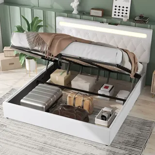 MODFU Boxspringbett Hydraulisches 180 x 200 mit LED,Polsterbett mit USB- und Typ-C-Ladeanschluss,Doppelbett mit Bettkasten Stauraum,ohne Matratze,W... - Weiß