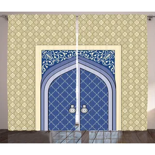 ABAKUHAUS Orientalische Rustikaler Gardine, osmanische Kultur, Schlafzimmer Kräuselband Vorhang mit Schlaufen und Haken, 280 x 175 cm, Beige Blau