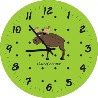 Shirtinstyle Kinderzimmeruhr mit Tiermotiv Hirsch Elch mit Wunschnamen Geschenk Uhr Kinder Handmade Wanduhr Wunschtext Name, 29cm, Farbe Marsgreen